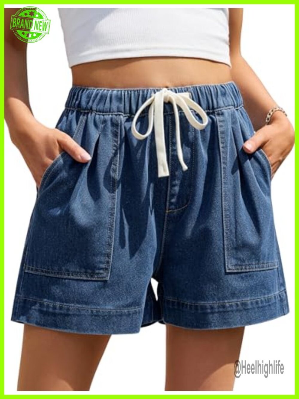 High Waisted Drawstring Jean Shorts for Women Stretchy Denim with Pockets
